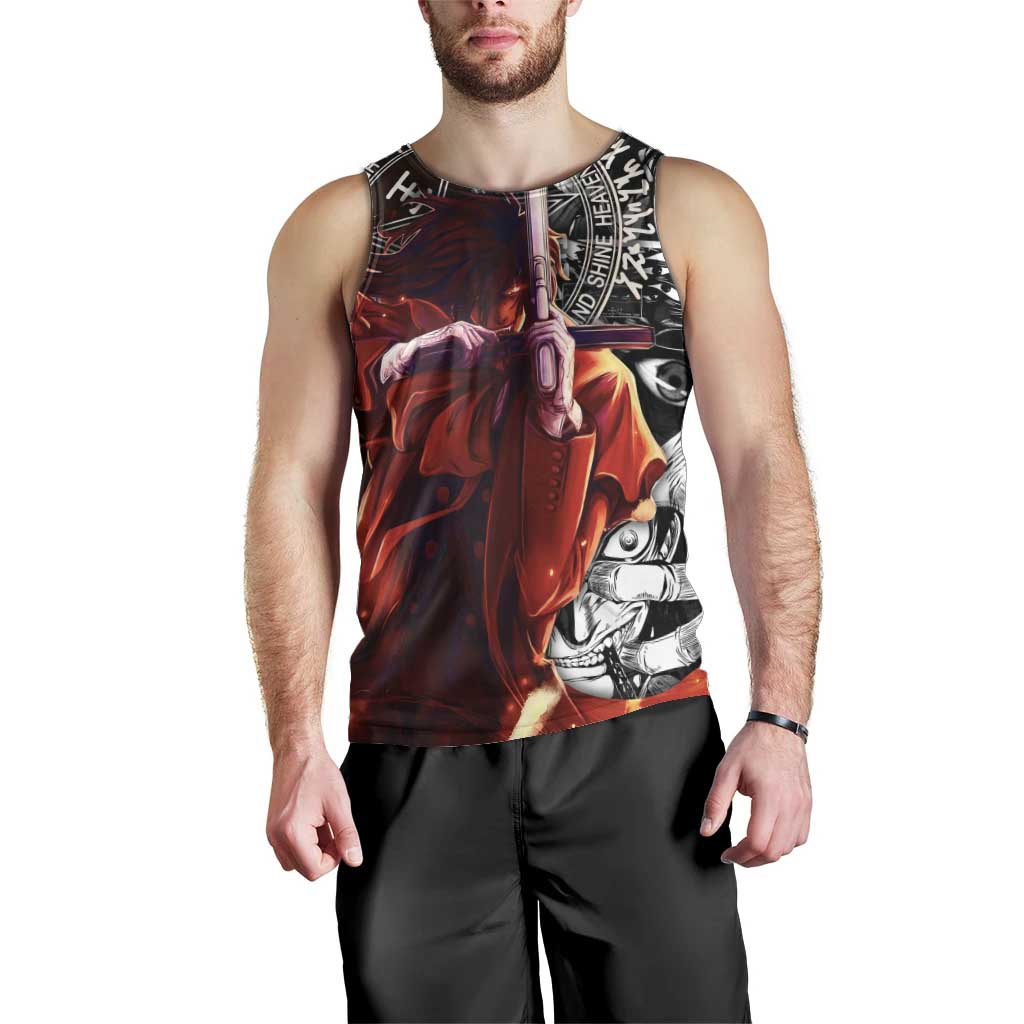 Alucard Hellsing Manga Collage Black and Red Design Men Tank Top with Gun Pose and Symbolic Silhouettes - The Mazicc