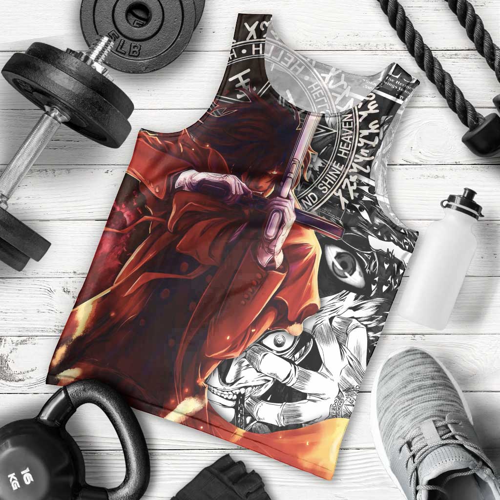 Alucard Hellsing Manga Collage Black and Red Design Men Tank Top with Gun Pose and Symbolic Silhouettes - The Mazicc