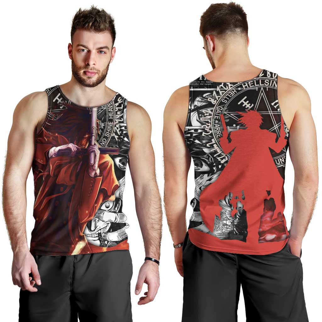 Alucard Hellsing Manga Collage Black and Red Design Men Tank Top with Gun Pose and Symbolic Silhouettes - The Mazicc