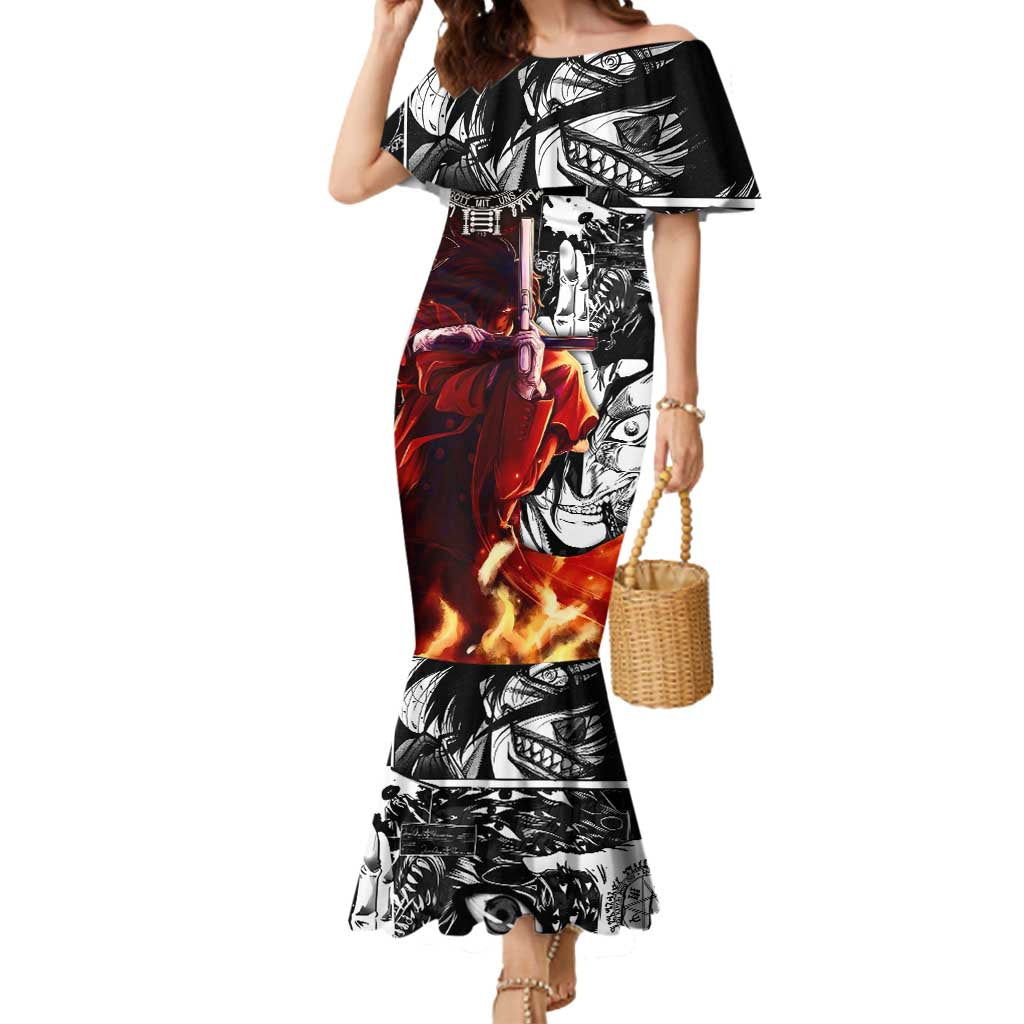 Alucard Hellsing Manga Collage Black and Red Design Mermaid Dress with Gun Pose and Symbolic Silhouettes - The Mazicc