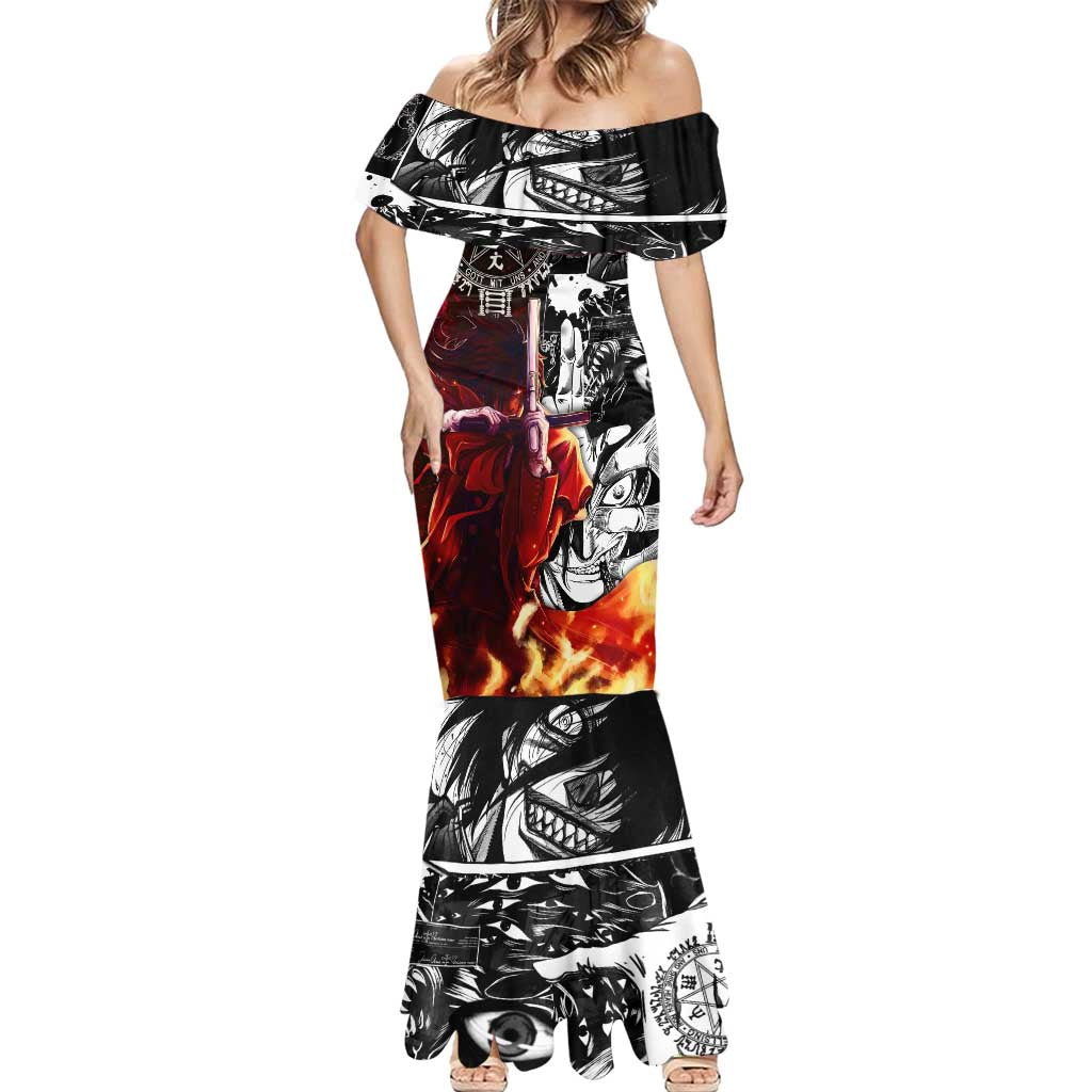 Alucard Hellsing Manga Collage Black and Red Design Mermaid Dress with Gun Pose and Symbolic Silhouettes - The Mazicc