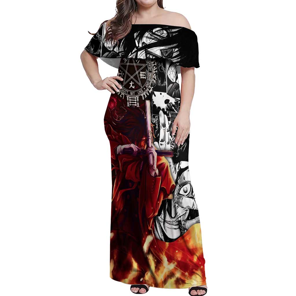 Alucard Hellsing Manga Collage Black and Red Design Off Shoulder Maxi Dress with Gun Pose and Symbolic Silhouettes - The Mazicc