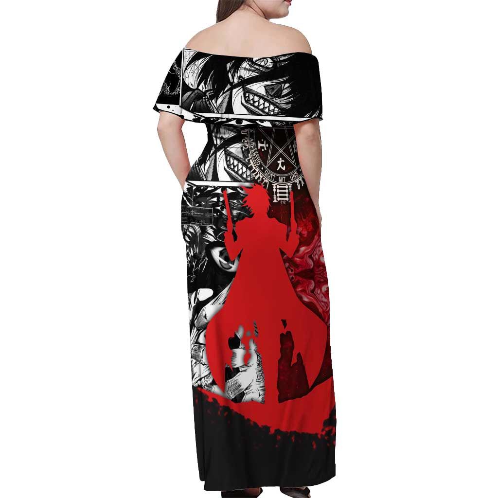 Alucard Hellsing Manga Collage Black and Red Design Off Shoulder Maxi Dress with Gun Pose and Symbolic Silhouettes - The Mazicc
