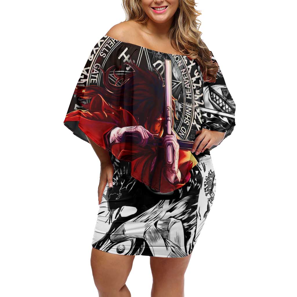 Alucard Hellsing Manga Collage Black and Red Design Off Shoulder Short Dress with Gun Pose and Symbolic Silhouettes - The Mazicc