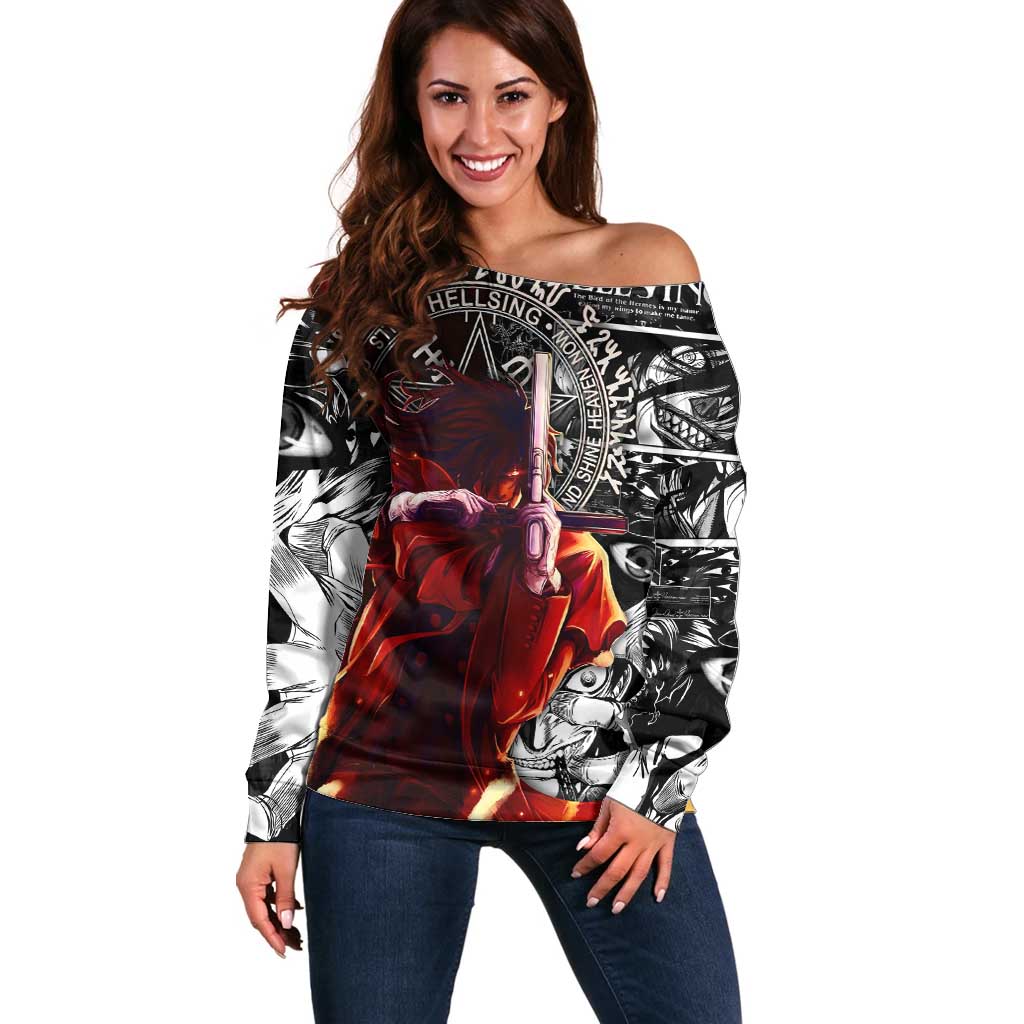 Alucard Hellsing Manga Collage Black and Red Design Off Shoulder Sweater with Gun Pose and Symbolic Silhouettes - The Mazicc
