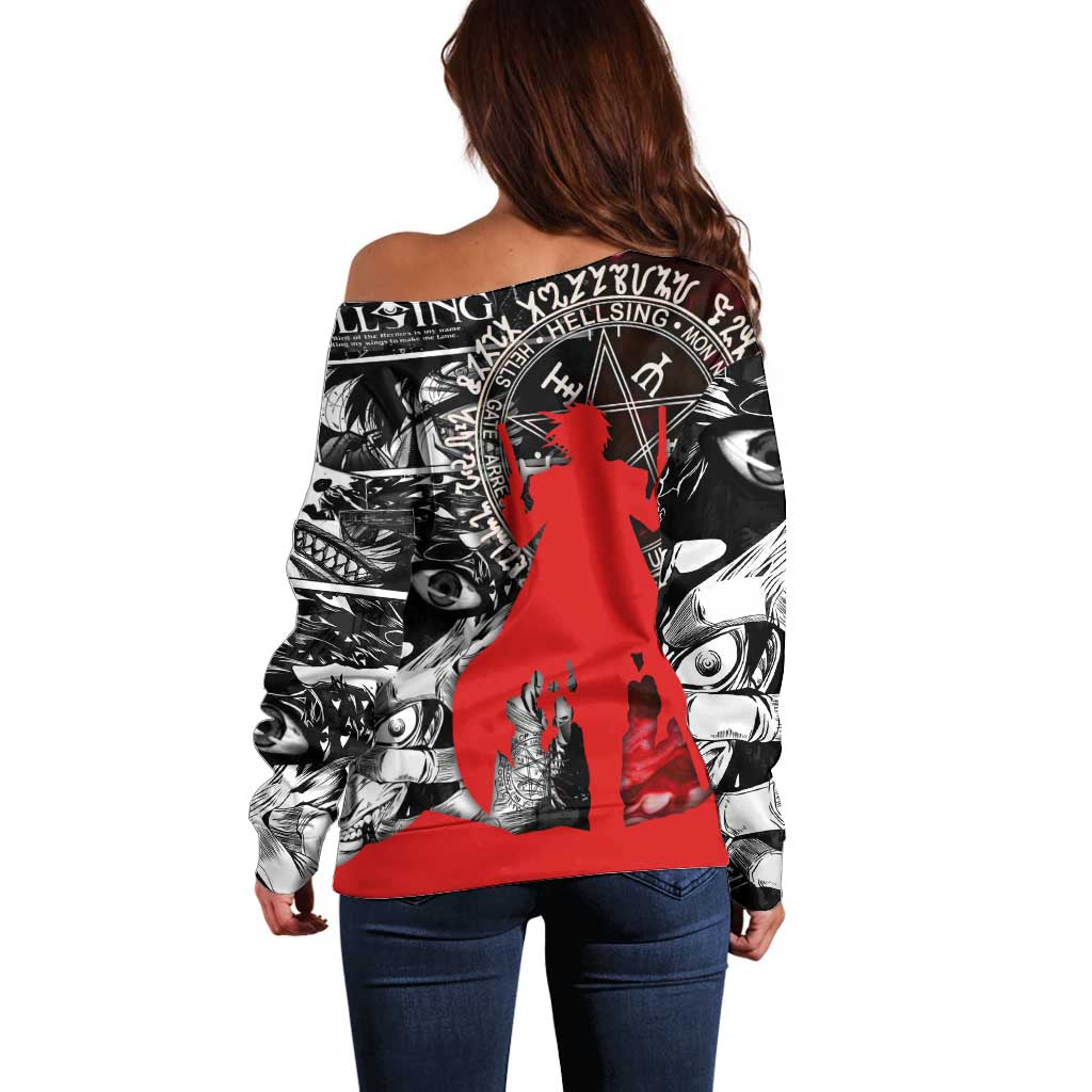 Alucard Hellsing Manga Collage Black and Red Design Off Shoulder Sweater with Gun Pose and Symbolic Silhouettes - The Mazicc
