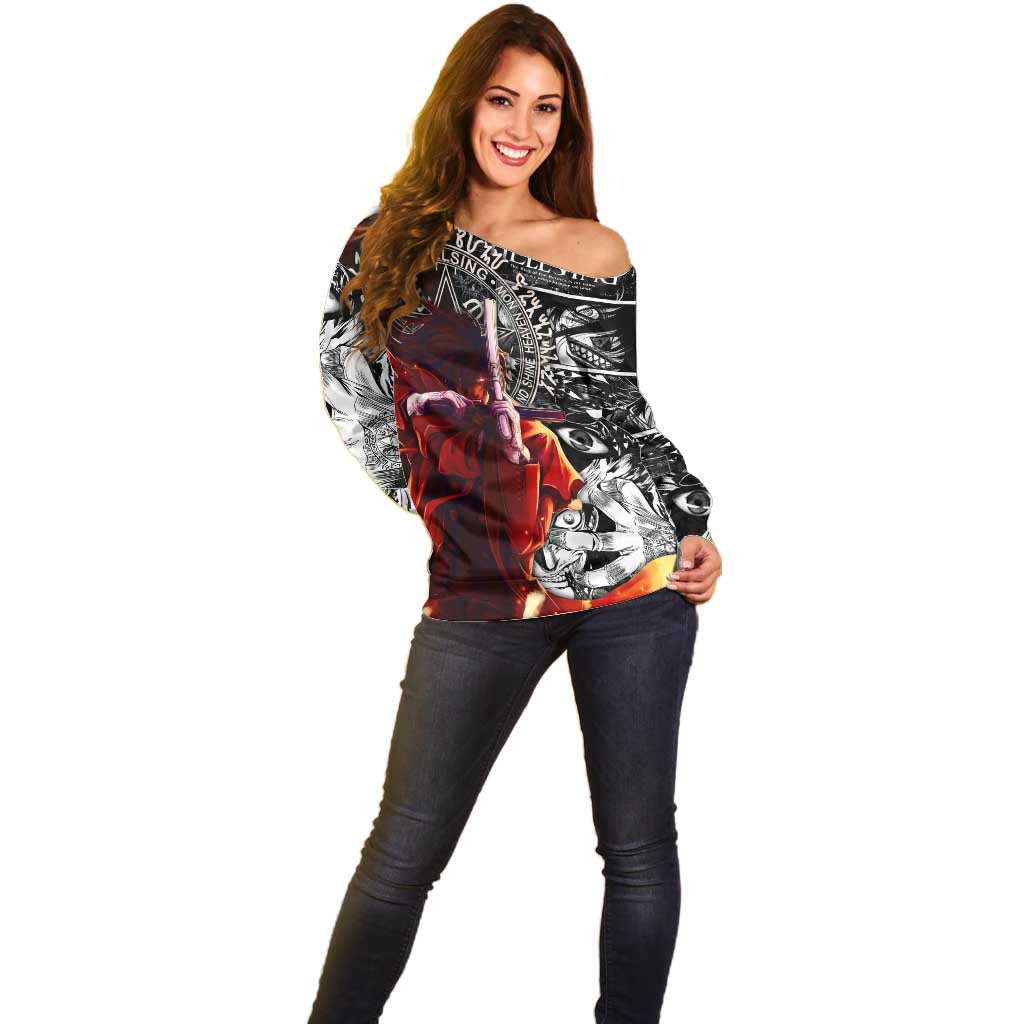 Alucard Hellsing Manga Collage Black and Red Design Off Shoulder Sweater with Gun Pose and Symbolic Silhouettes - The Mazicc