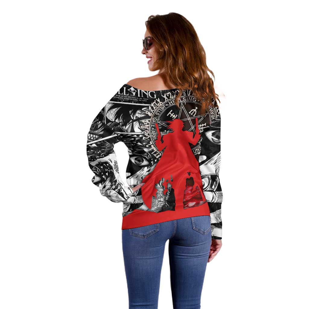 Alucard Hellsing Manga Collage Black and Red Design Off Shoulder Sweater with Gun Pose and Symbolic Silhouettes - The Mazicc