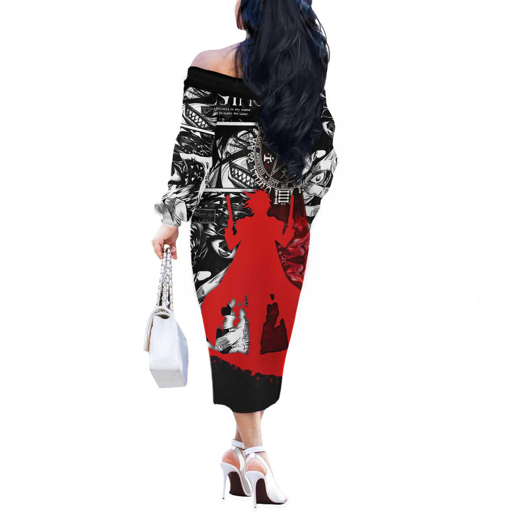 Alucard Hellsing Manga Collage Black and Red Design Off The Shoulder Long Sleeve Dress with Gun Pose and Symbolic Silhouettes - The Mazicc