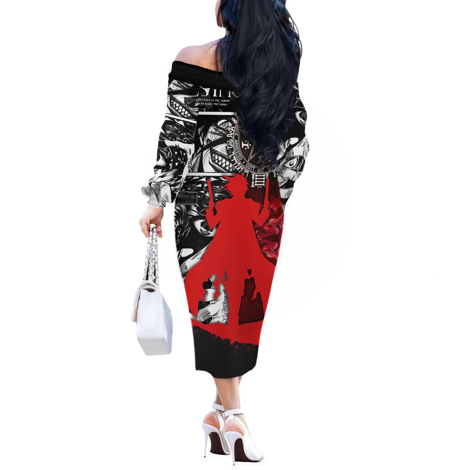 Alucard Hellsing Manga Collage Black and Red Design Off The Shoulder Long Sleeve Dress with Gun Pose and Symbolic Silhouettes - The Mazicc