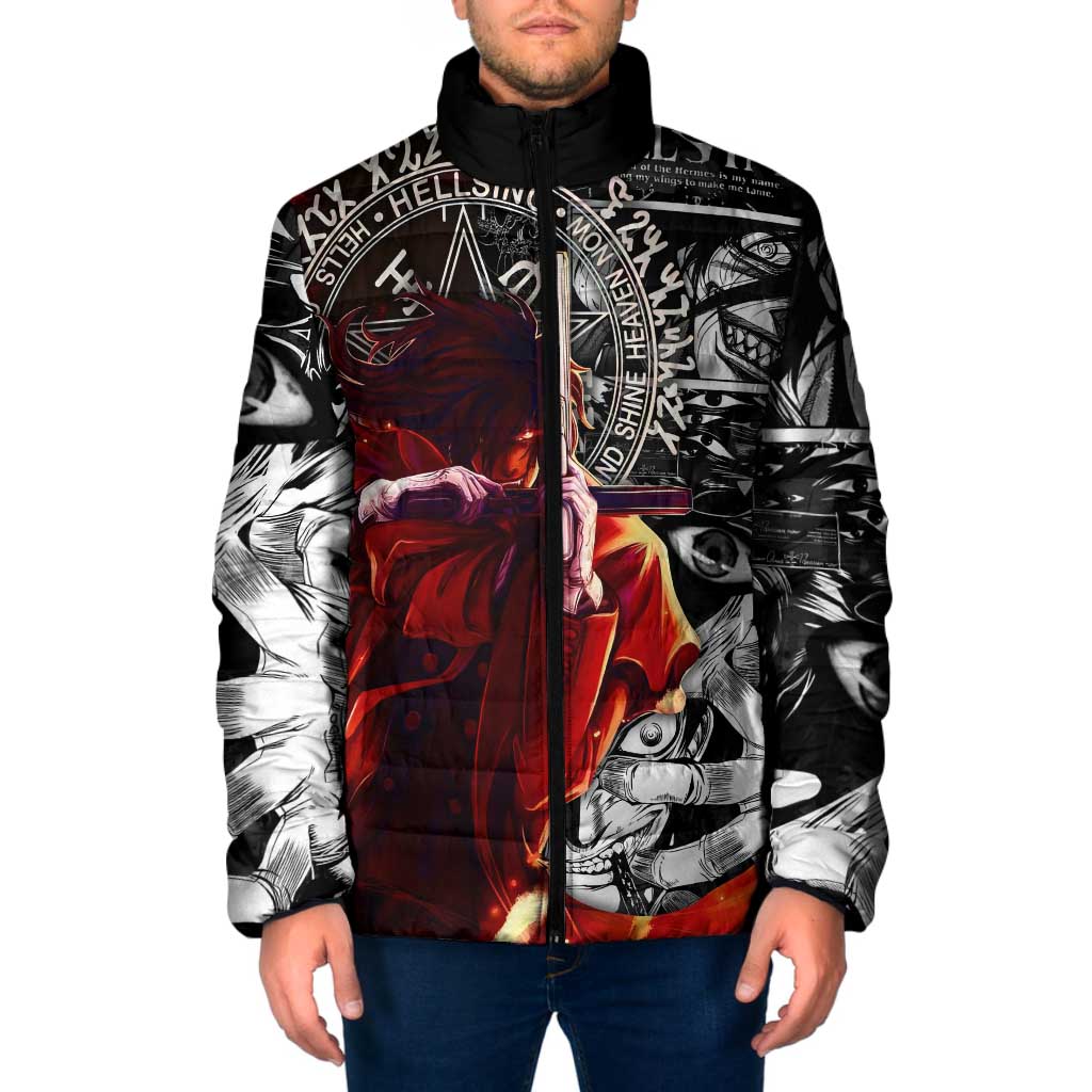 Alucard Hellsing Manga Collage Black and Red Design Padded Jacket with Gun Pose and Symbolic Silhouettes - The Mazicc