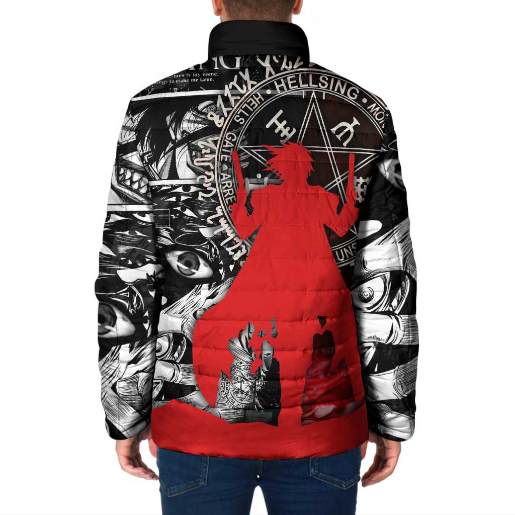Alucard Hellsing Manga Collage Black and Red Design Padded Jacket with Gun Pose and Symbolic Silhouettes - The Mazicc