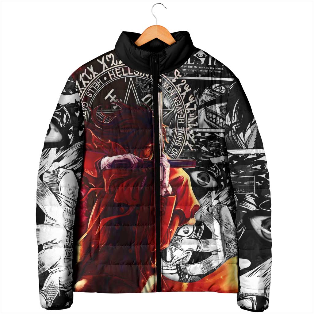 Alucard Hellsing Manga Collage Black and Red Design Padded Jacket with Gun Pose and Symbolic Silhouettes - The Mazicc