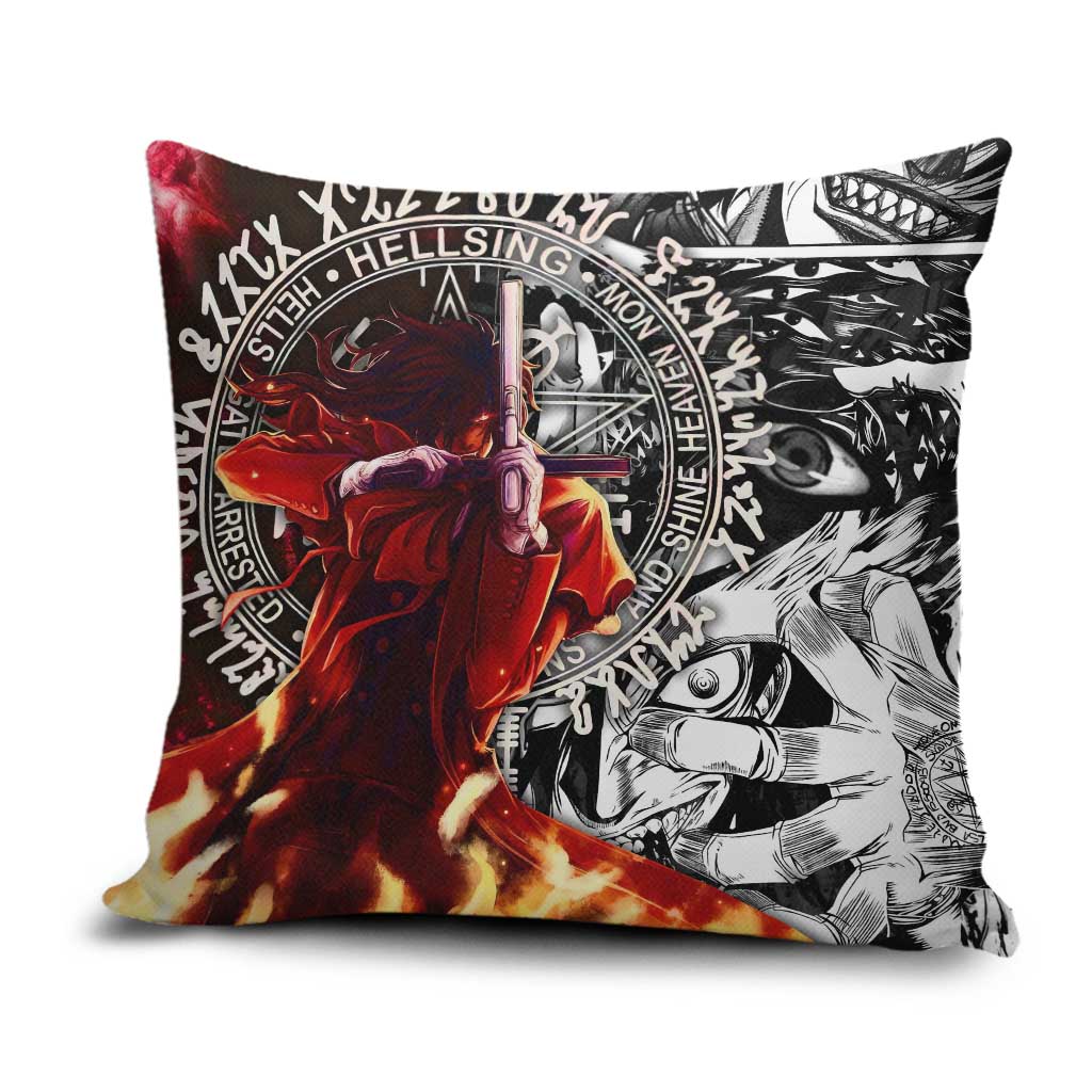 Alucard Hellsing Manga Collage Black and Red Design Pillow Cover with Gun Pose and Symbolic Silhouettes - The Mazicc