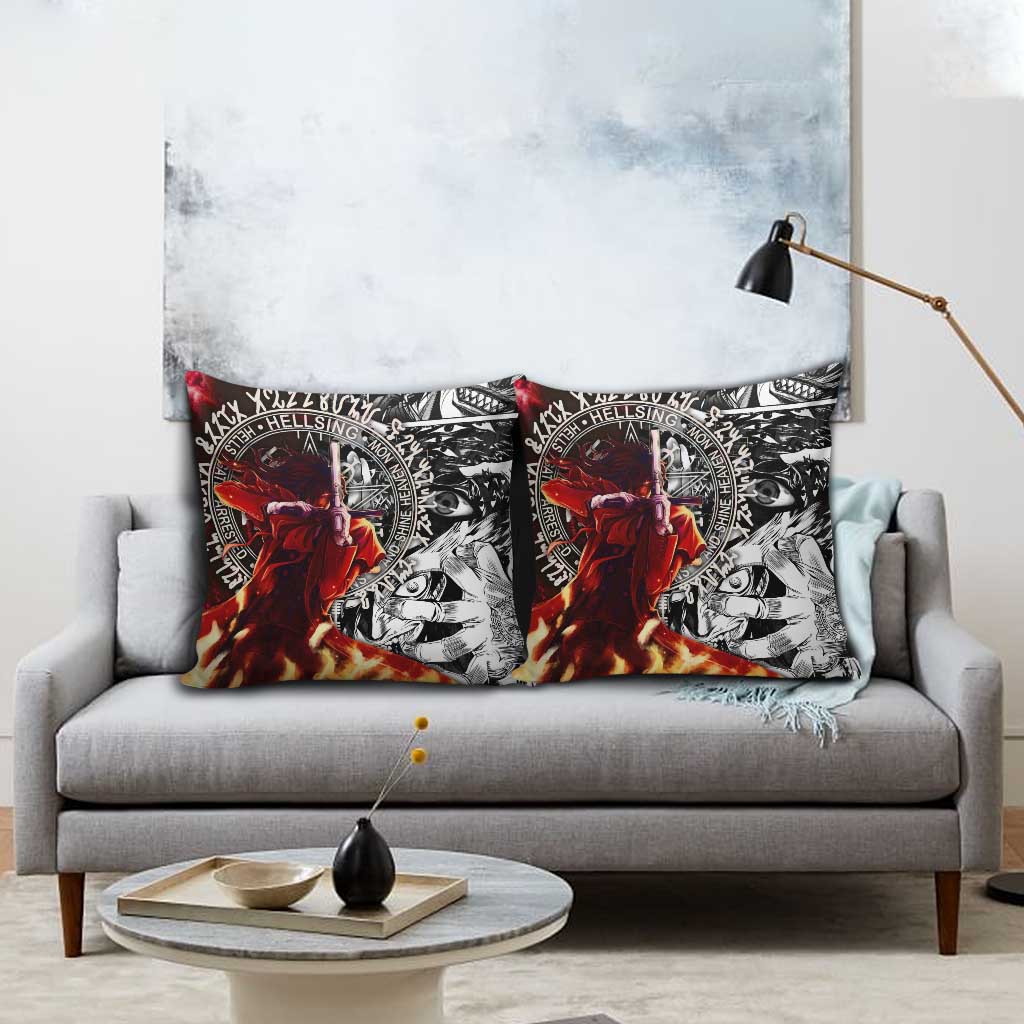 Alucard Hellsing Manga Collage Black and Red Design Pillow Cover with Gun Pose and Symbolic Silhouettes - The Mazicc