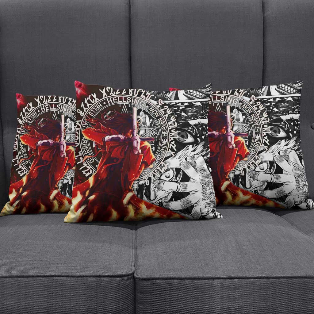 Alucard Hellsing Manga Collage Black and Red Design Pillow Cover with Gun Pose and Symbolic Silhouettes - The Mazicc