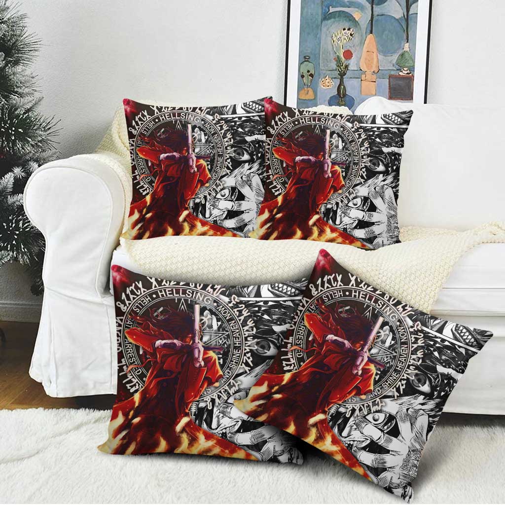 Alucard Hellsing Manga Collage Black and Red Design Pillow Cover with Gun Pose and Symbolic Silhouettes - The Mazicc
