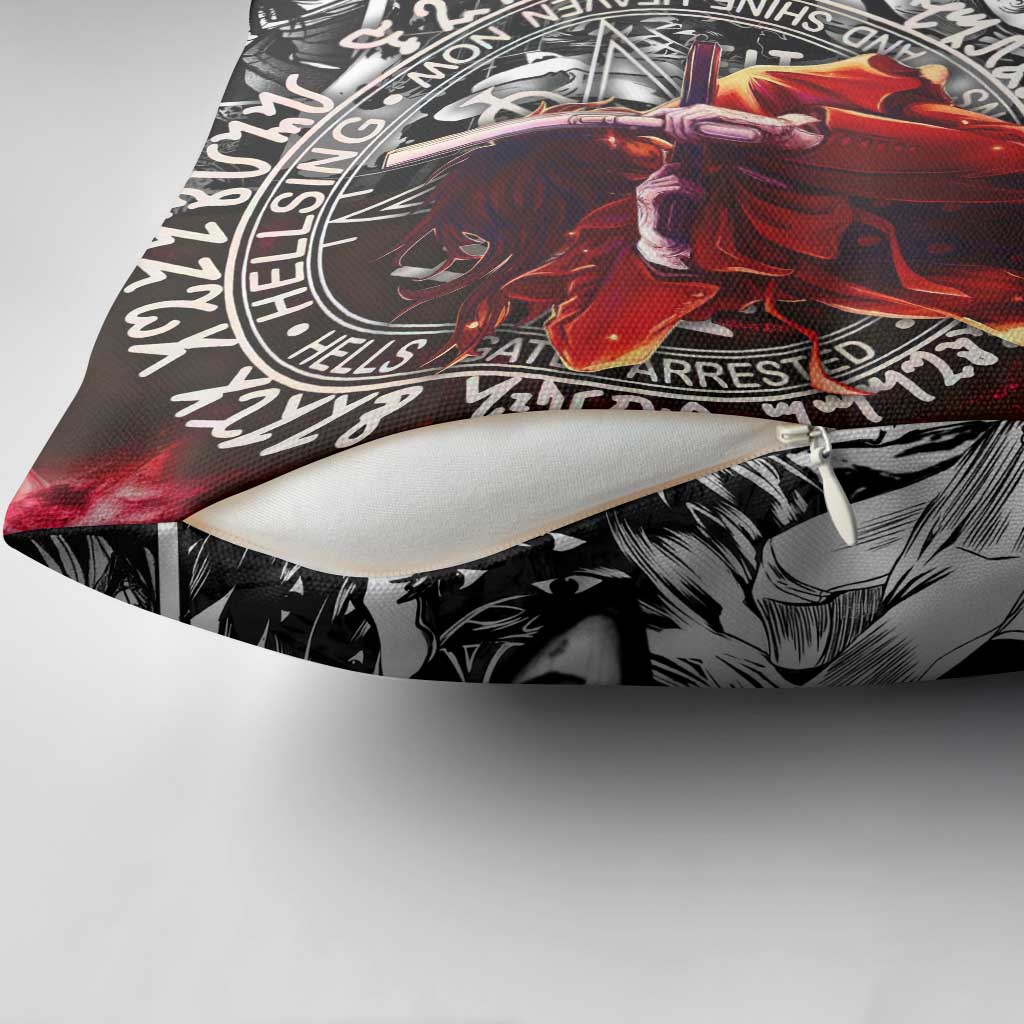 Alucard Hellsing Manga Collage Black and Red Design Pillow Cover with Gun Pose and Symbolic Silhouettes - The Mazicc