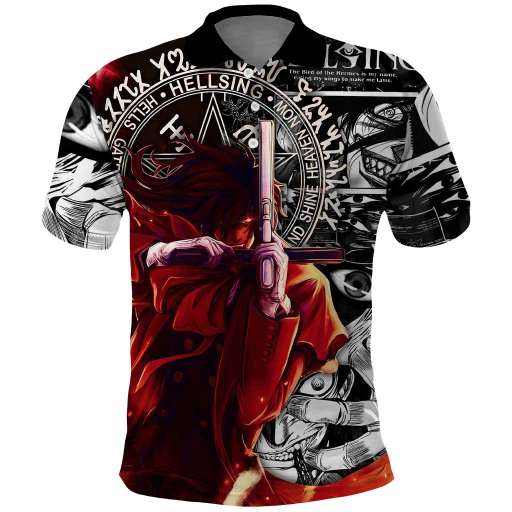 Alucard Hellsing Manga Collage Black and Red Design Polo Shirt with Gun Pose and Symbolic Silhouettes - The Mazicc