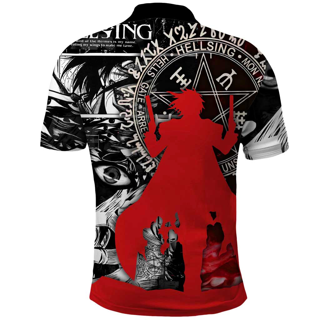 Alucard Hellsing Manga Collage Black and Red Design Polo Shirt with Gun Pose and Symbolic Silhouettes - The Mazicc