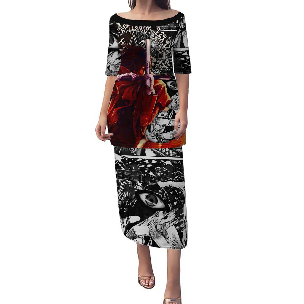 Alucard Hellsing Manga Collage Black and Red Design Puletasi with Gun Pose and Symbolic Silhouettes - The Mazicc