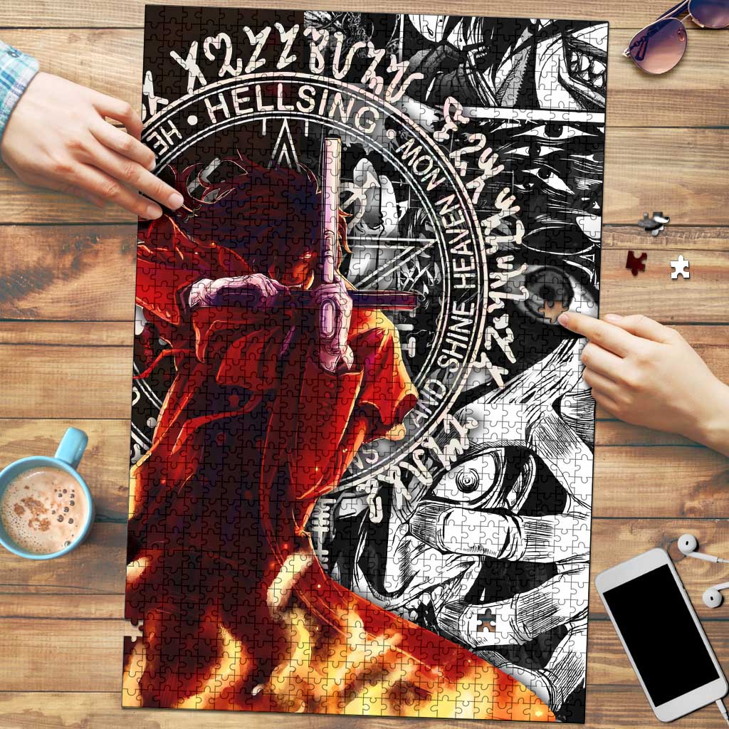 Alucard Hellsing Manga Collage Black and Red Design Puzzle with Gun Pose and Symbolic Silhouettes - The Mazicc