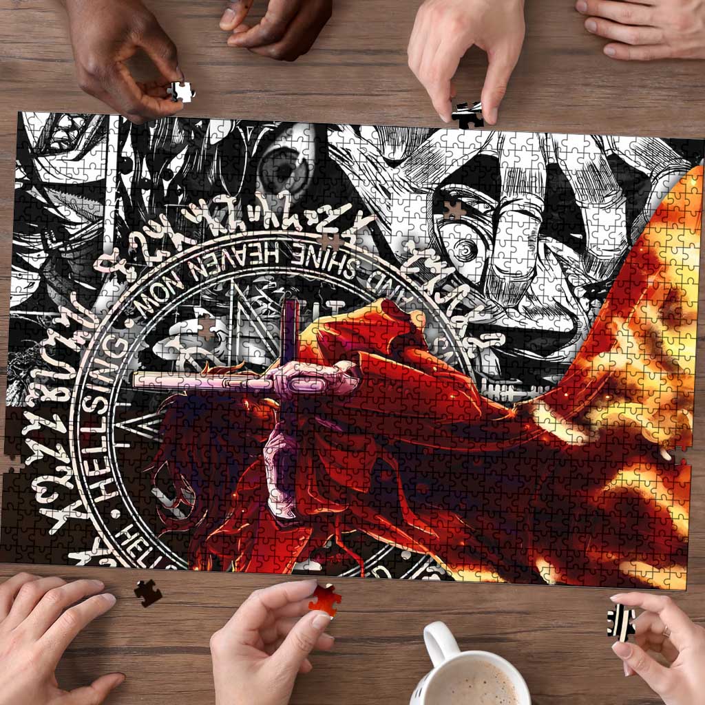 Alucard Hellsing Manga Collage Black and Red Design Puzzle with Gun Pose and Symbolic Silhouettes - The Mazicc