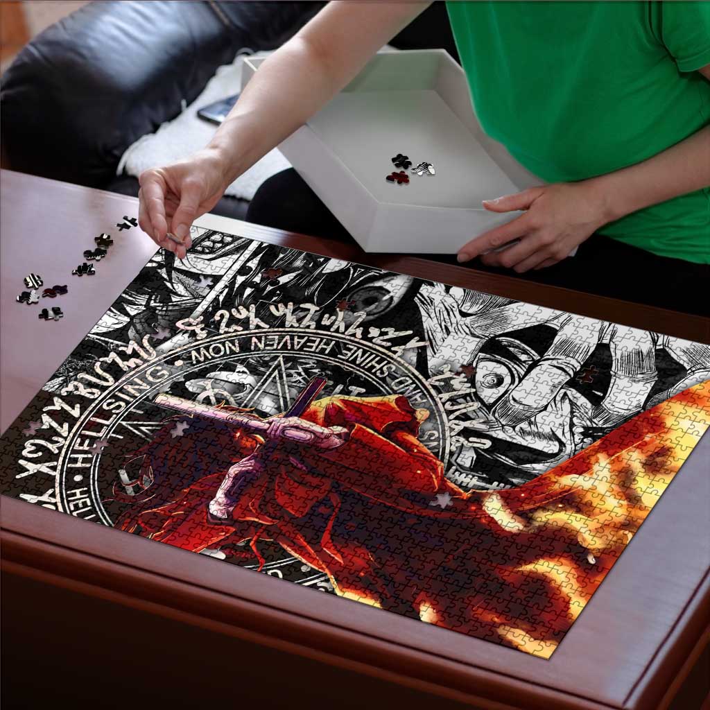 Alucard Hellsing Manga Collage Black and Red Design Puzzle with Gun Pose and Symbolic Silhouettes - The Mazicc