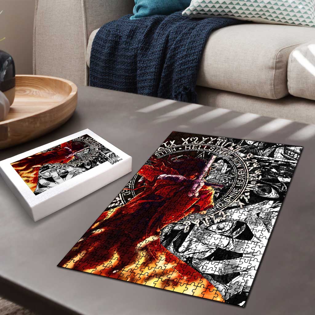 Alucard Hellsing Manga Collage Black and Red Design Puzzle with Gun Pose and Symbolic Silhouettes - The Mazicc