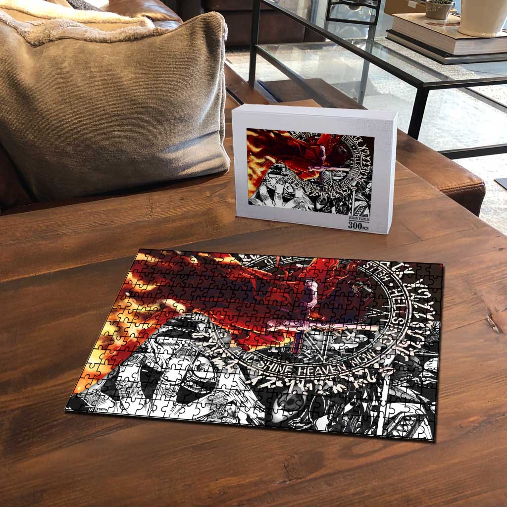 Alucard Hellsing Manga Collage Black and Red Design Puzzle with Gun Pose and Symbolic Silhouettes - The Mazicc
