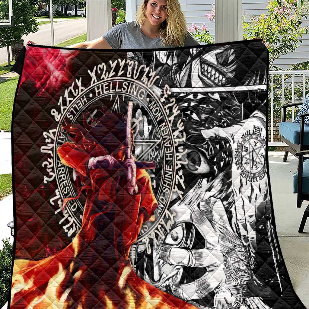 Alucard Hellsing Manga Collage Black and Red Design Quilt with Gun Pose and Symbolic Silhouettes - The Mazicc