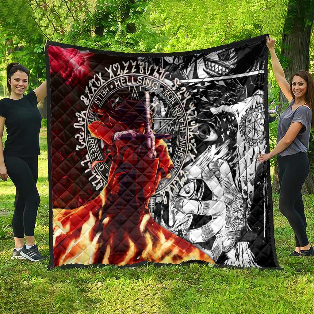 Alucard Hellsing Manga Collage Black and Red Design Quilt with Gun Pose and Symbolic Silhouettes - The Mazicc