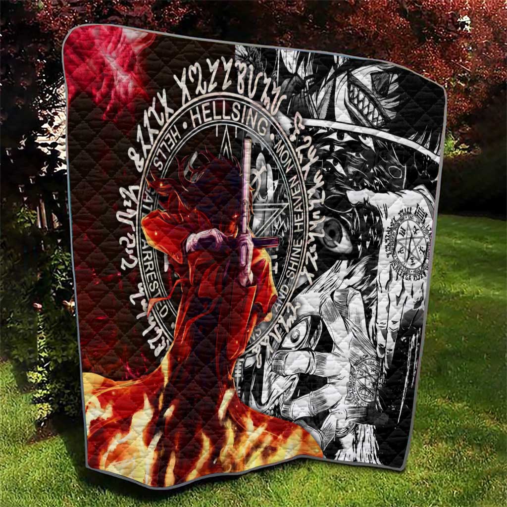Alucard Hellsing Manga Collage Black and Red Design Quilt with Gun Pose and Symbolic Silhouettes - The Mazicc