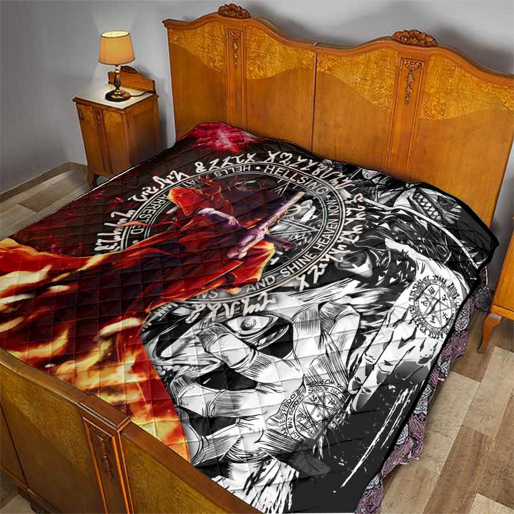 Alucard Hellsing Manga Collage Black and Red Design Quilt with Gun Pose and Symbolic Silhouettes - The Mazicc