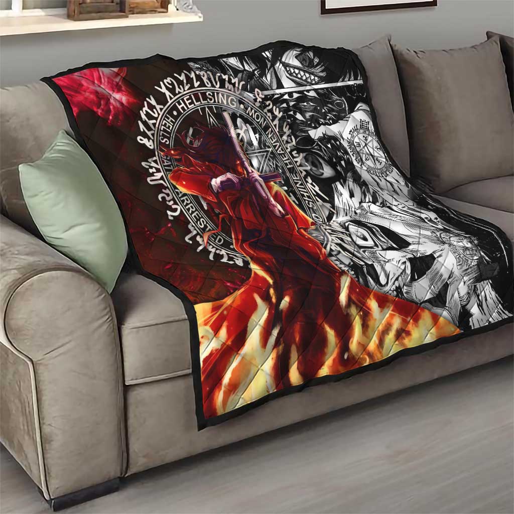 Alucard Hellsing Manga Collage Black and Red Design Quilt with Gun Pose and Symbolic Silhouettes - The Mazicc