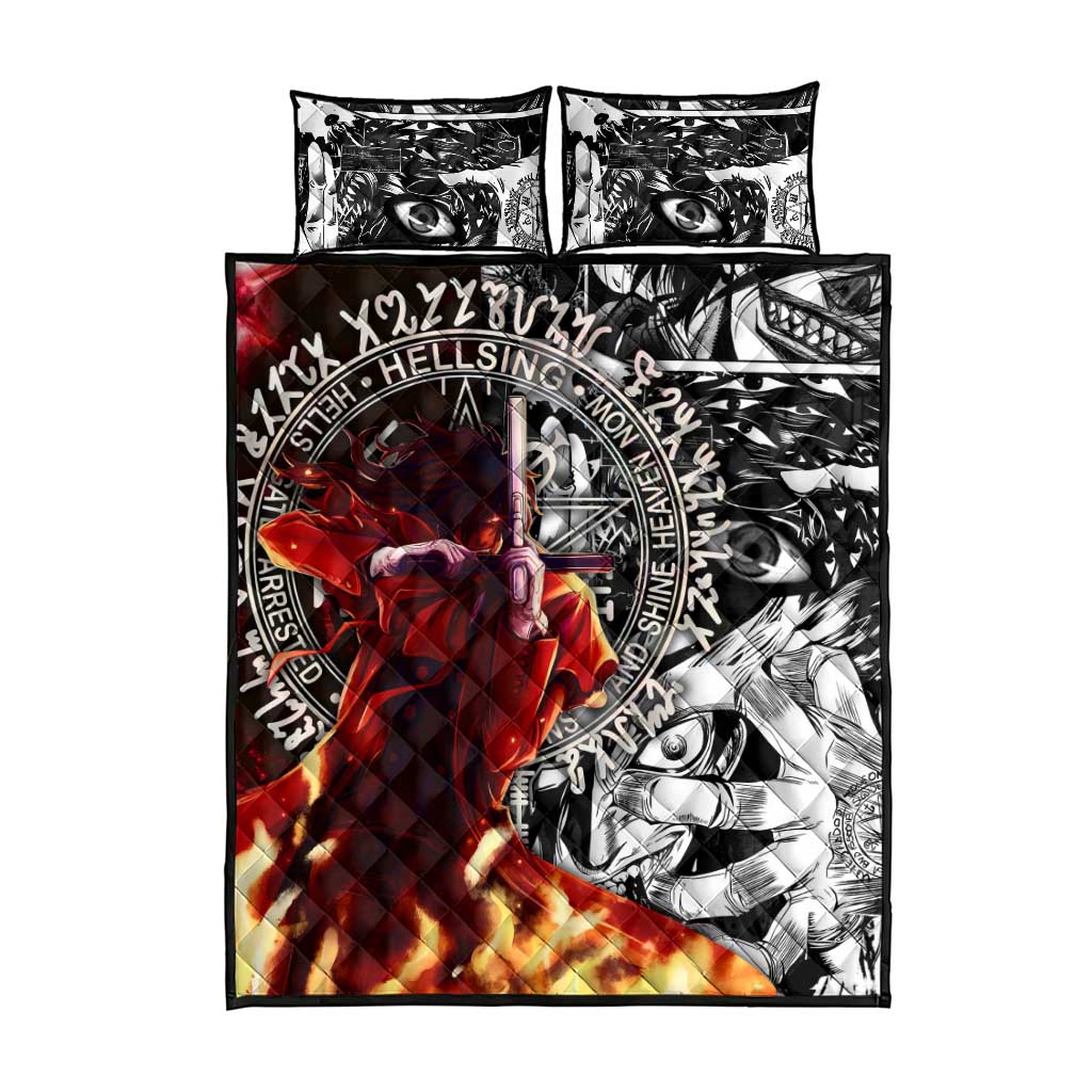 Alucard Hellsing Manga Collage Black and Red Design Quilt Bed Set with Gun Pose and Symbolic Silhouettes - The Mazicc