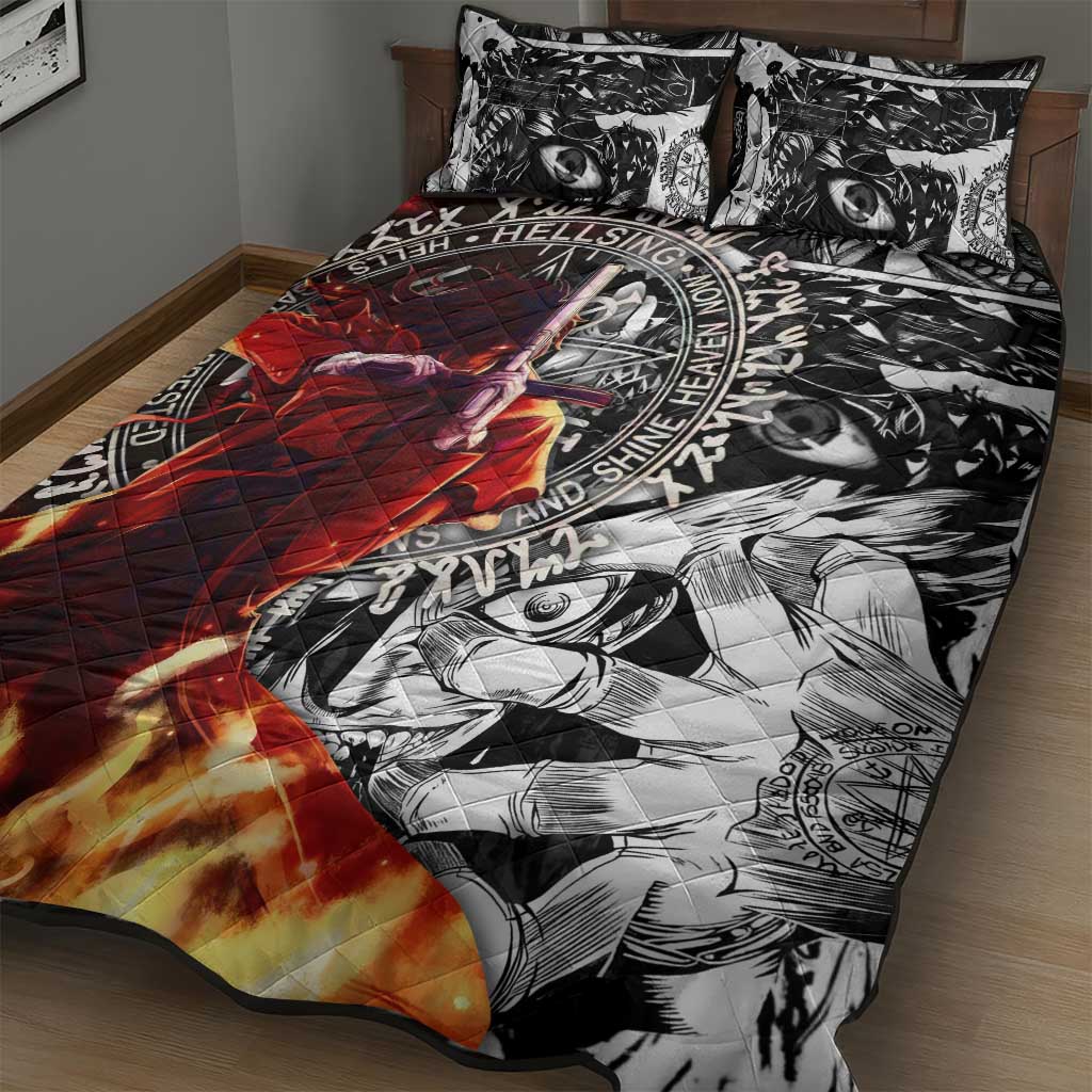 Alucard Hellsing Manga Collage Black and Red Design Quilt Bed Set with Gun Pose and Symbolic Silhouettes - The Mazicc