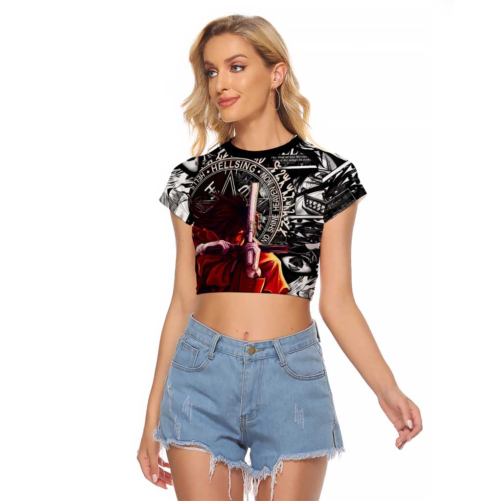 Alucard Hellsing Manga Collage Black and Red Design Raglan Cropped T Shirt with Gun Pose and Symbolic Silhouettes - The Mazicc