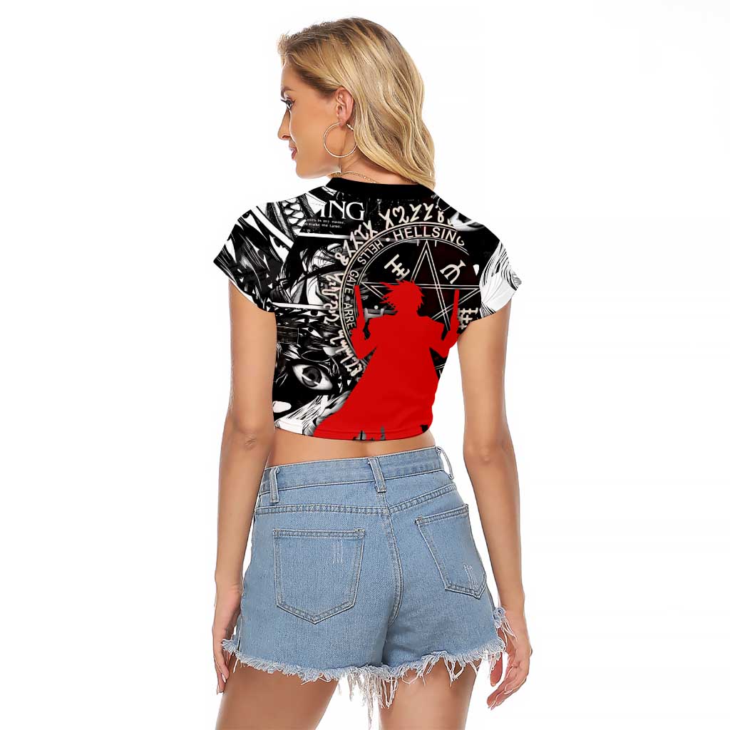 Alucard Hellsing Manga Collage Black and Red Design Raglan Cropped T Shirt with Gun Pose and Symbolic Silhouettes - The Mazicc