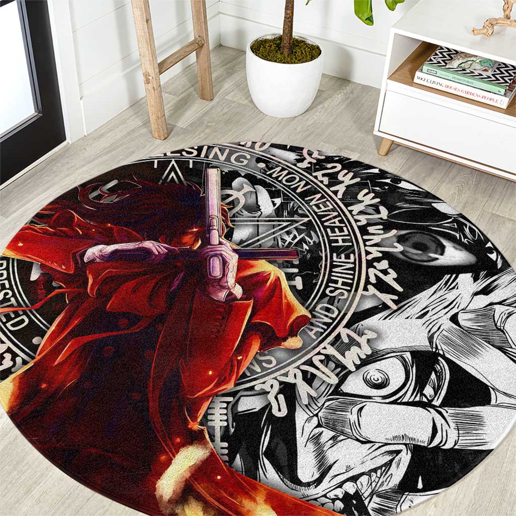 Alucard Hellsing Manga Collage Black and Red Design Round Carpet with Gun Pose and Symbolic Silhouettes - The Mazicc