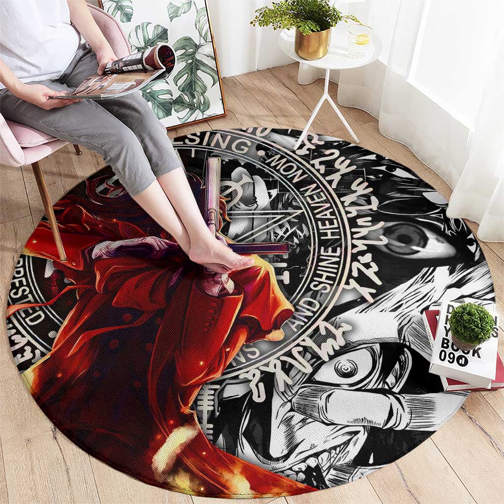 Alucard Hellsing Manga Collage Black and Red Design Round Carpet with Gun Pose and Symbolic Silhouettes - The Mazicc