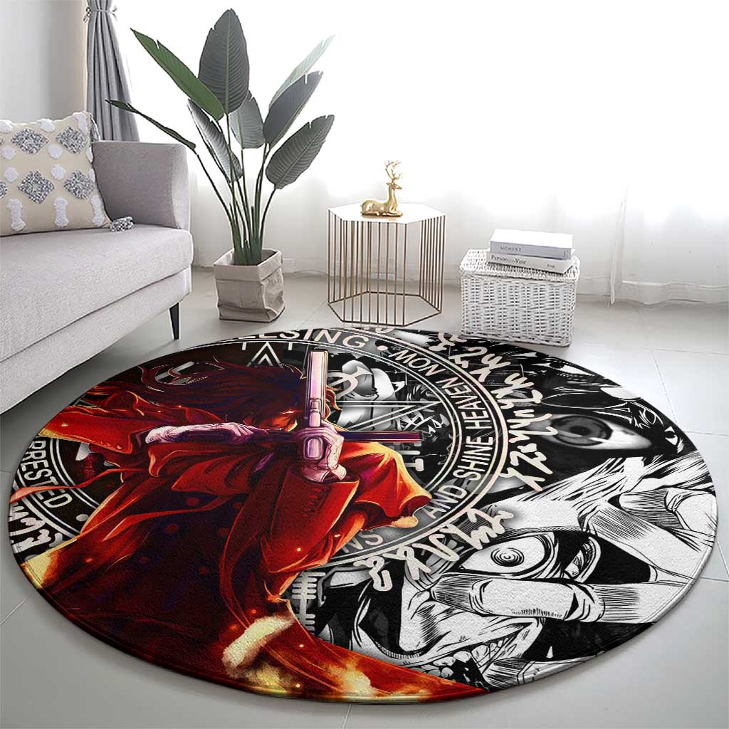 Alucard Hellsing Manga Collage Black and Red Design Round Carpet with Gun Pose and Symbolic Silhouettes - The Mazicc