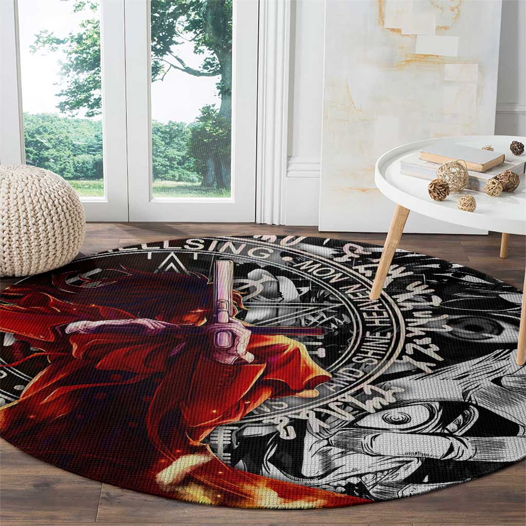Alucard Hellsing Manga Collage Black and Red Design Round Carpet with Gun Pose and Symbolic Silhouettes - The Mazicc