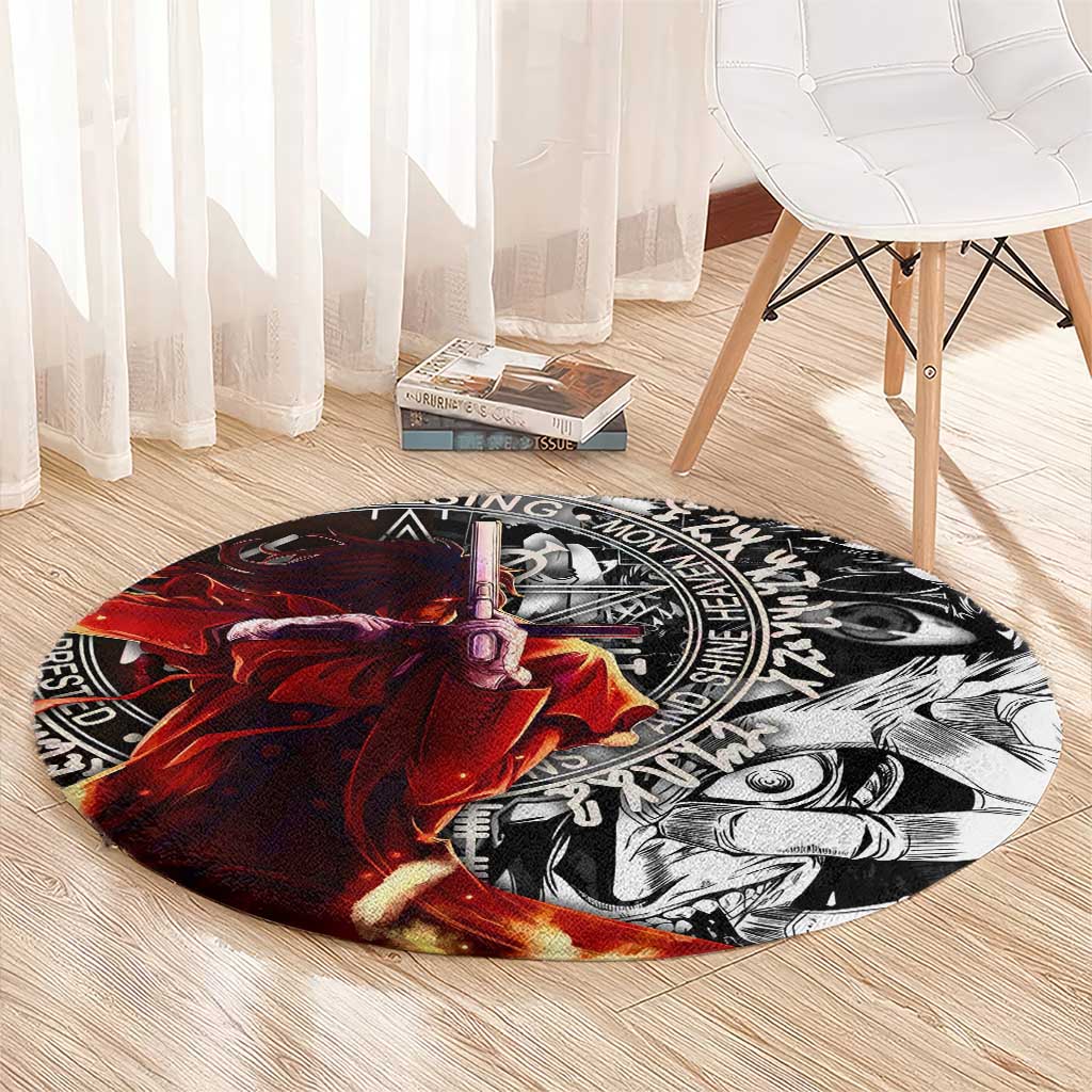 Alucard Hellsing Manga Collage Black and Red Design Round Carpet with Gun Pose and Symbolic Silhouettes - The Mazicc