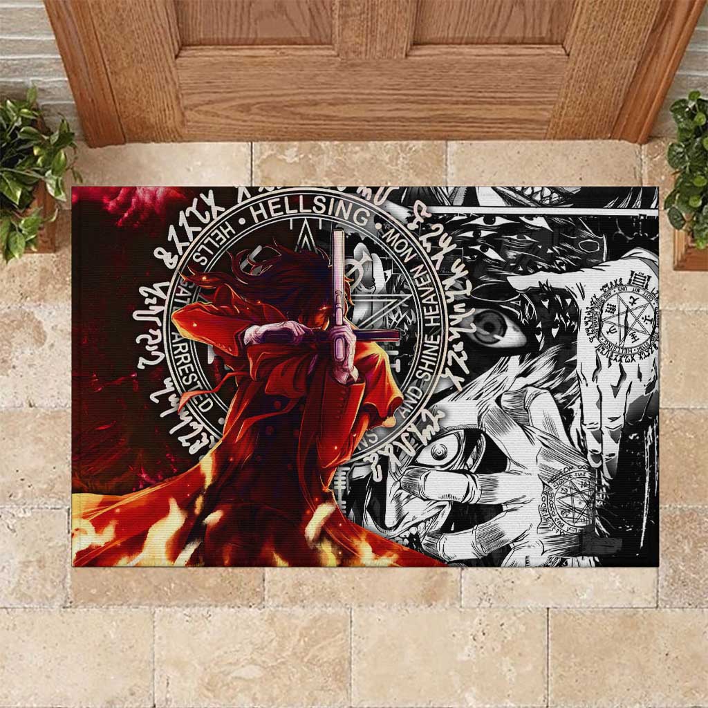 Alucard Hellsing Manga Collage Black and Red Design Rubber Doormat with Gun Pose and Symbolic Silhouettes - The Mazicc