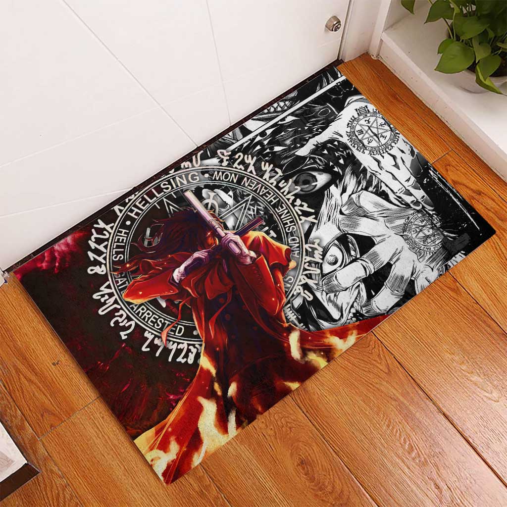 Alucard Hellsing Manga Collage Black and Red Design Rubber Doormat with Gun Pose and Symbolic Silhouettes - The Mazicc