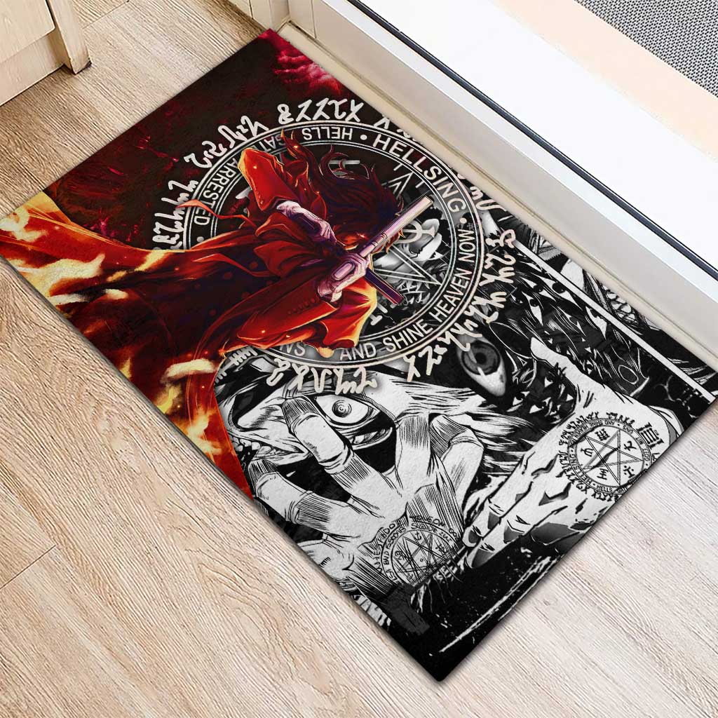 Alucard Hellsing Manga Collage Black and Red Design Rubber Doormat with Gun Pose and Symbolic Silhouettes - The Mazicc