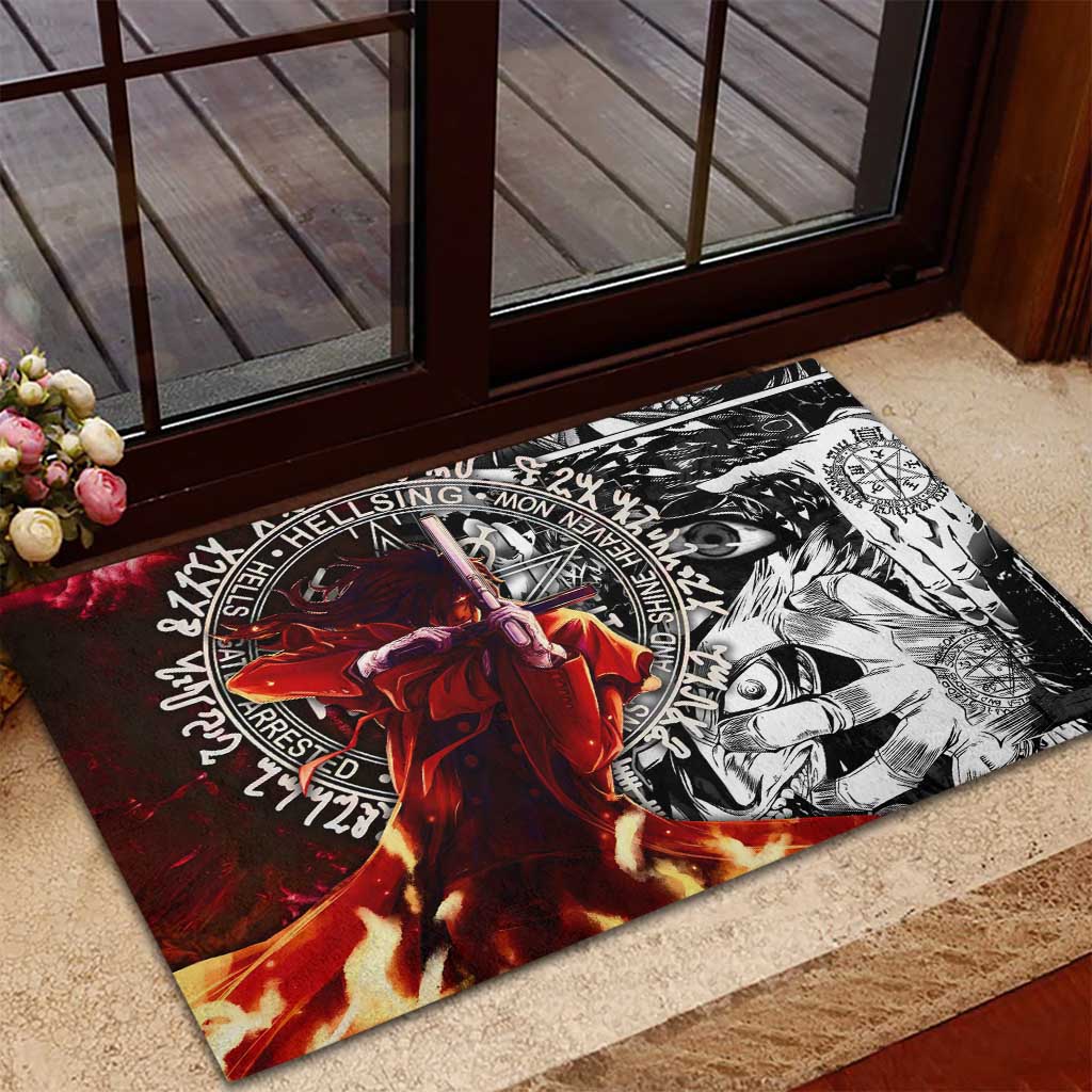 Alucard Hellsing Manga Collage Black and Red Design Rubber Doormat with Gun Pose and Symbolic Silhouettes - The Mazicc