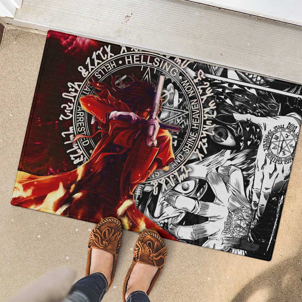 Alucard Hellsing Manga Collage Black and Red Design Rubber Doormat with Gun Pose and Symbolic Silhouettes - The Mazicc