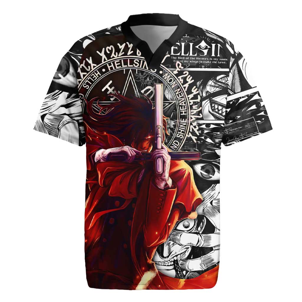 Alucard Hellsing Manga Collage Black and Red Design Rugby Jersey with Gun Pose and Symbolic Silhouettes - The Mazicc